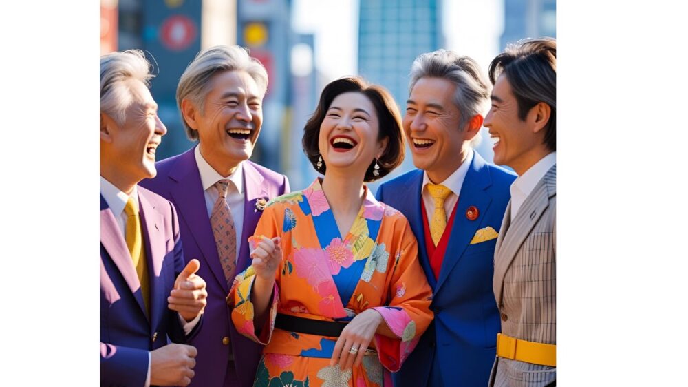 男性達に囲まれて笑顔で笑う女性
